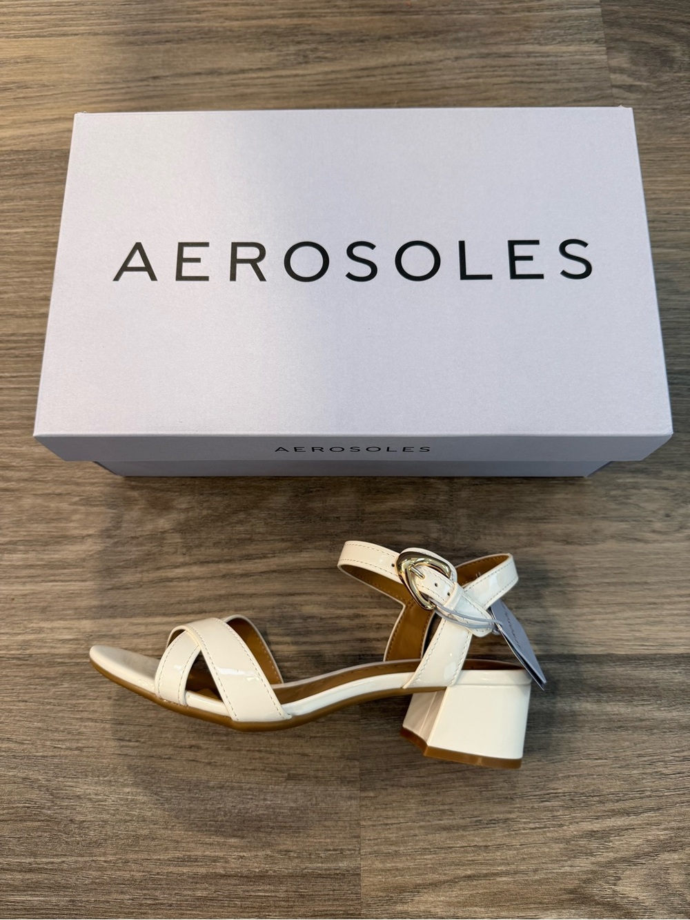 AEROSOLES Cream Block Heel Sandals with Buckle Strap